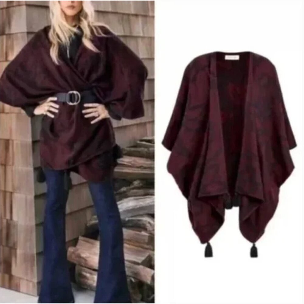 Cleobella Sevigny Capelet Poncho Cap Sweater Burgundy/Black One Size - Picture 2 of 11